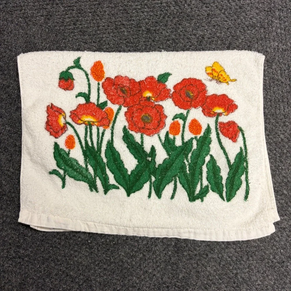 Vintage Dishman Red Poppy Floral Cotton Hand Towel White Butterfly Retro Decor